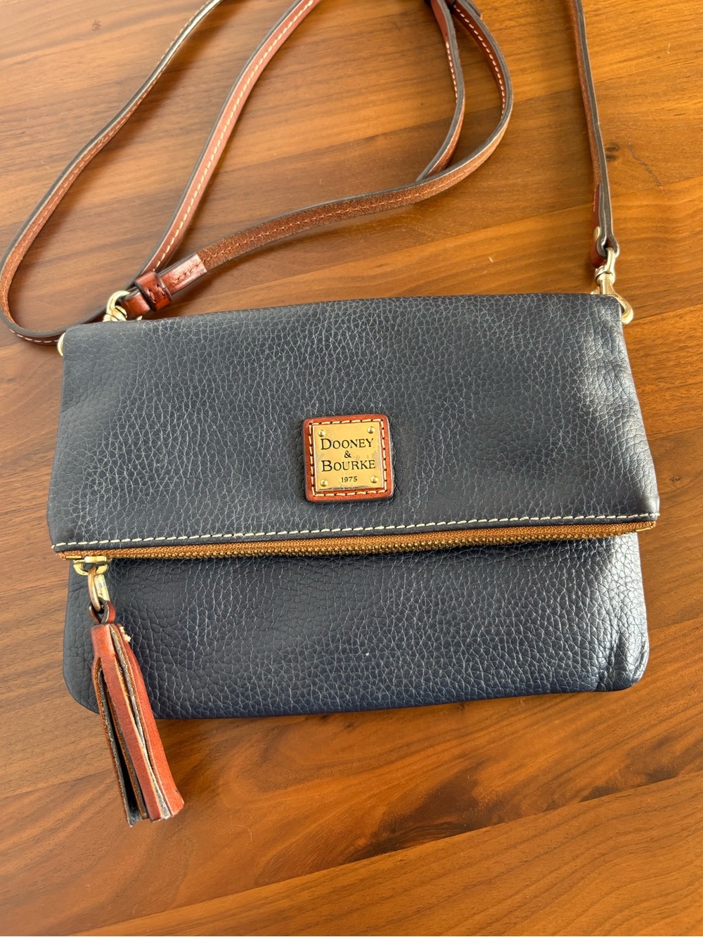 Dooney & Bourke Navy Pebble Leather Foldover Crossbody Clutch Convertible Tassel